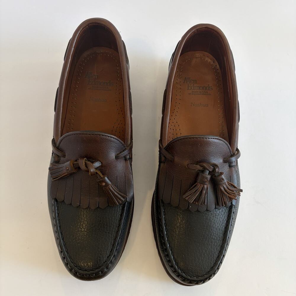 Allen Edmonds Nashua Loafers Mens 8.5D Brown Black Kiltie Tassel Pebbled Leather